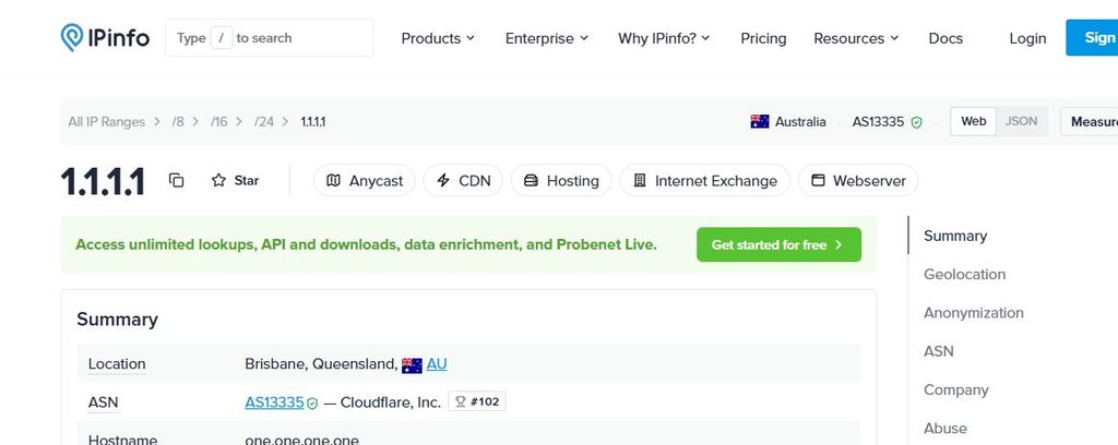 IPinfo 的地区与 Anycast 字段